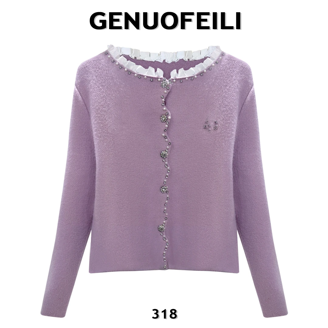 时尚轻奢气质木耳边紫色小香风毛衣针织衫蕾丝长袖百搭打底