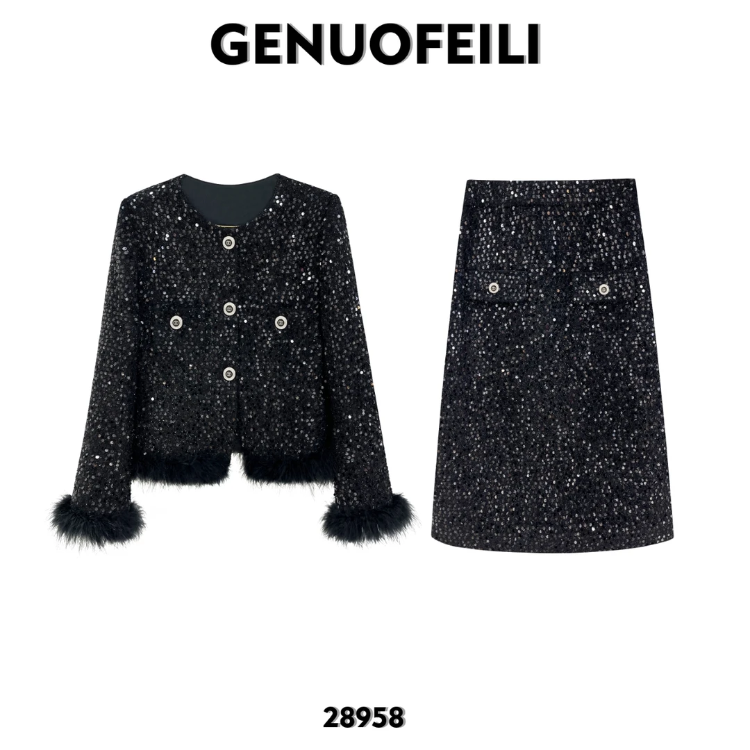 轻奢短款法式秋冬新款时尚重工气质百搭小香风套装复古黑色粗花呢