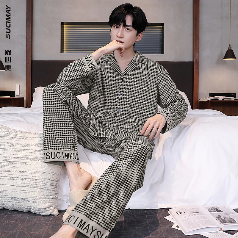 男士睡衣秋冬款纯棉长袖翻领高级感时尚格子家居服休闲可外穿套装