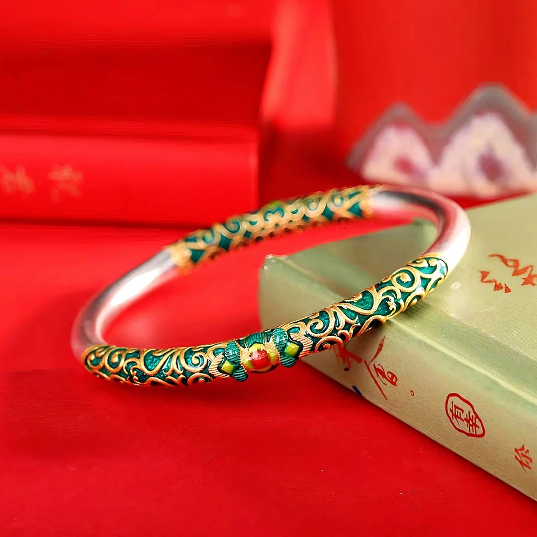足银手镯 足银999.9卷草纹珐琅重工圆棍手镯古法喷砂国潮闭口手镯