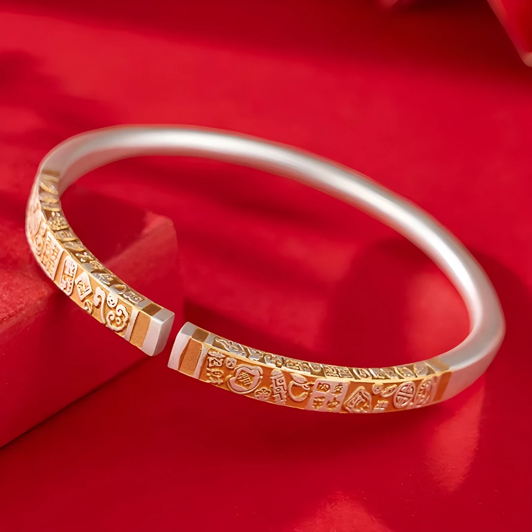 足银手镯 足银999.9 四方圆条描金手镯 时尚百搭天圆地方开口手镯