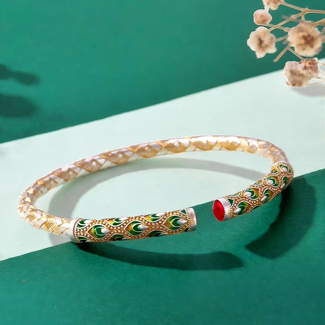 足银手镯 足银999.9珐琅彩描金孔雀尾编织时尚新中式彩色开口手镯