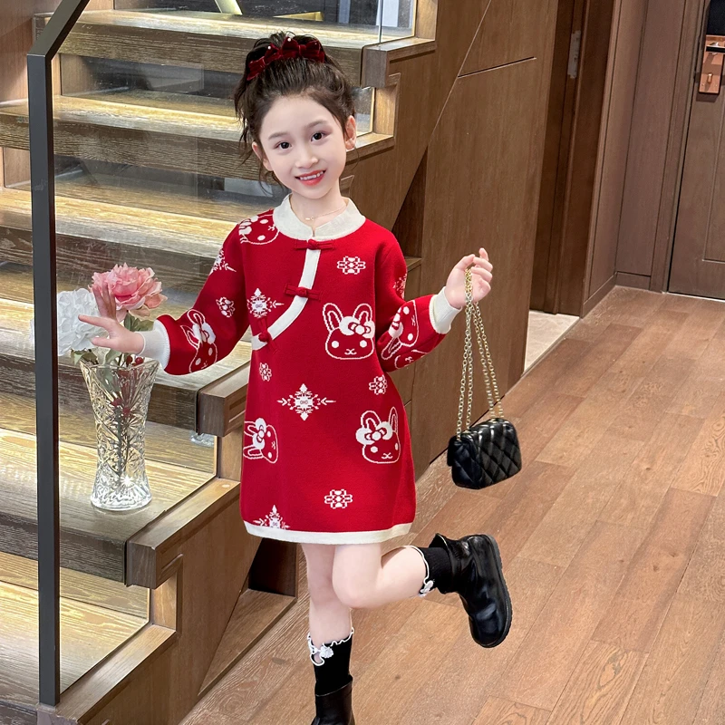 女童新中式秋冬款针织连衣裙幼儿圣诞年服裙甜美公主盘扣新年裙子