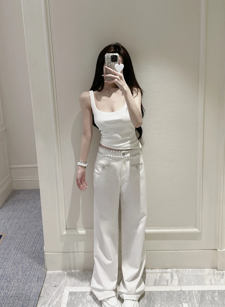【白桦林】欧式重工链条白色垂感休闲西装裤百搭宽松秋季时尚直筒裤