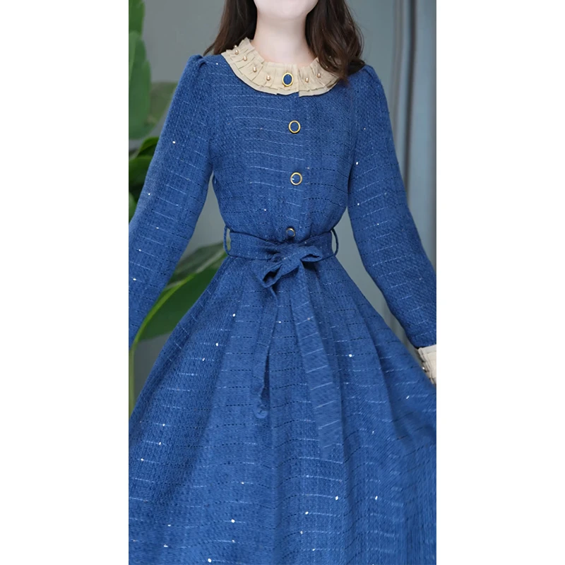 收腰中长款修身复古时尚长袖气质连衣裙