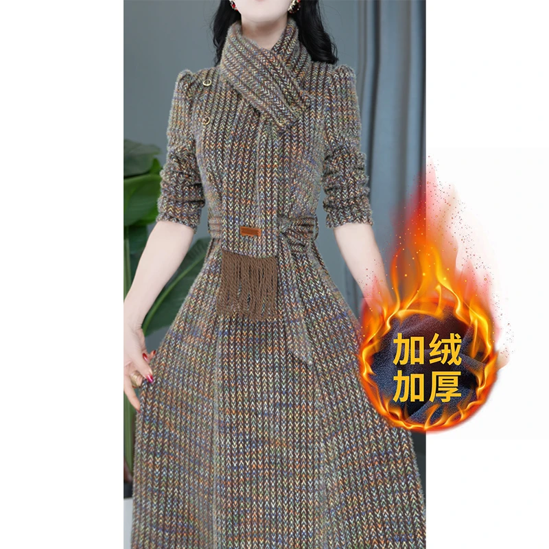 显瘦洋气中长款加厚收腰时尚气质修身连衣裙