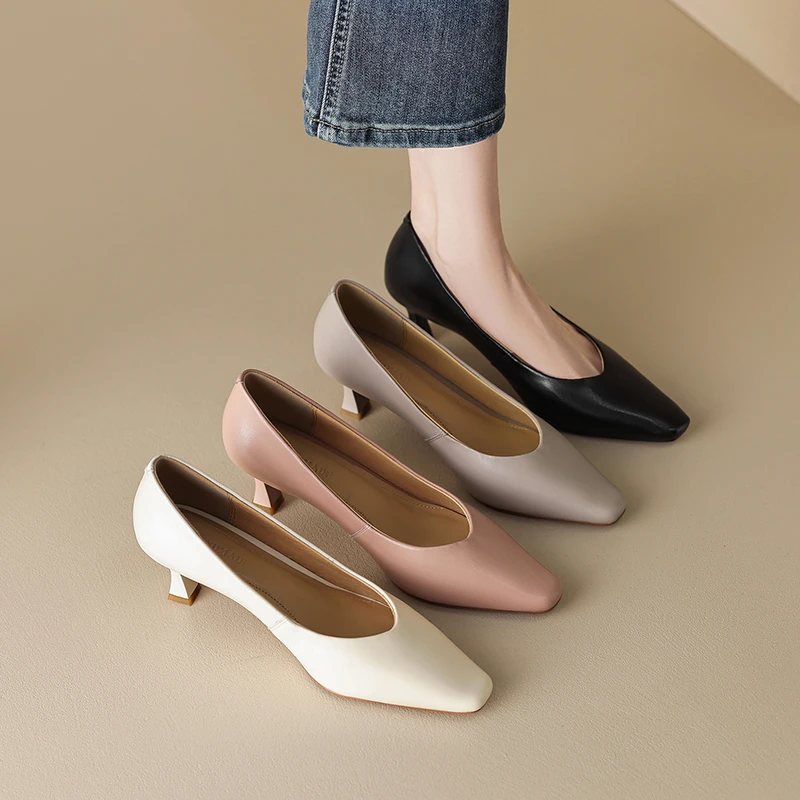 【软羊皮工作鞋】跟高5cm 方头细跟高跟单鞋女 百搭通勤工作鞋真皮