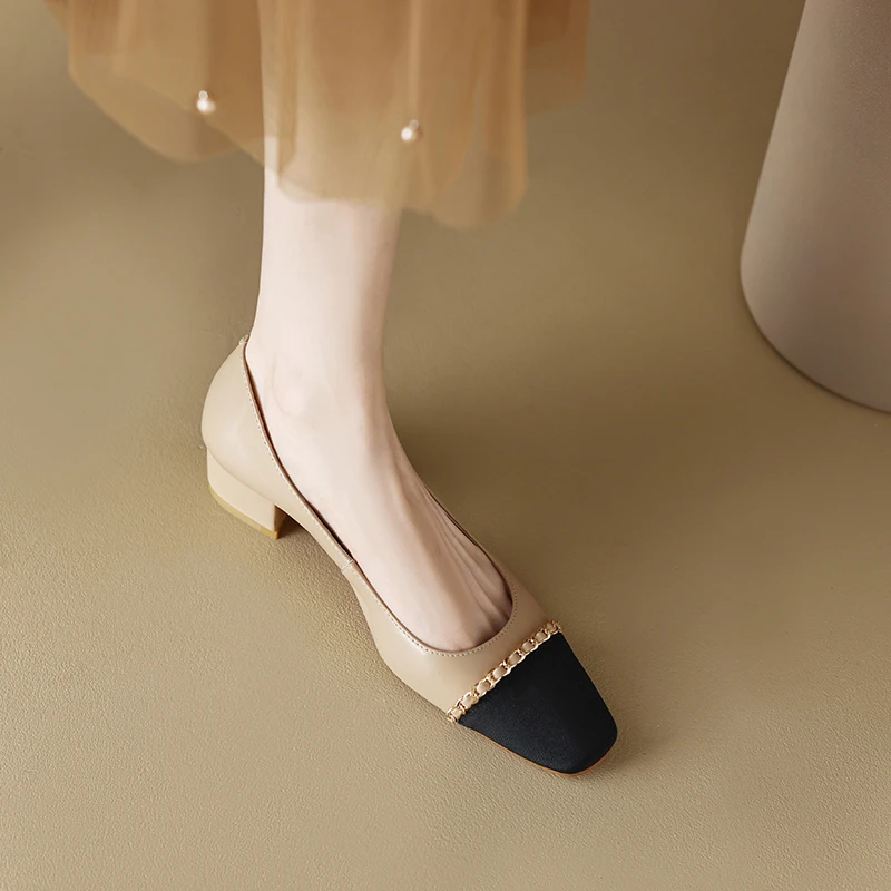 【软牛皮】跟3cm/34-40码 小香风浅口单鞋 通勤拼色粗跟百搭女鞋