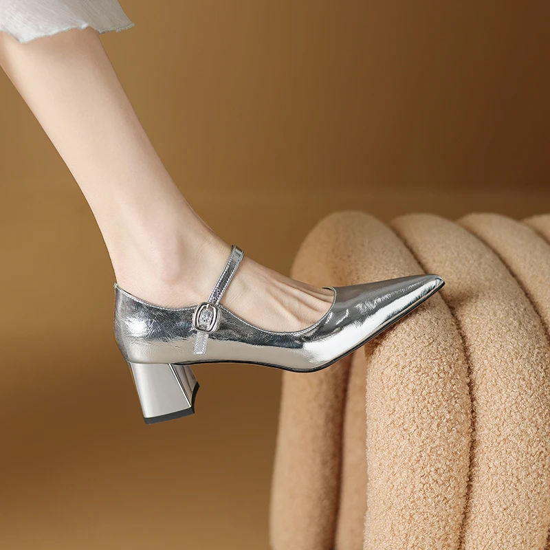 【牛皮】跟高5cm 银色时尚洋气一字扣带玛丽珍高跟鞋粗跟真皮单鞋女