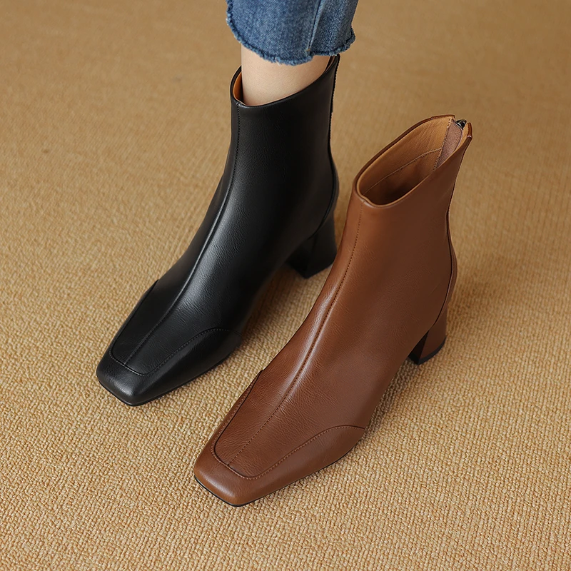 【牛皮】跟高5cm 秋冬真皮棕色复古美拉德短靴女粗跟方头中跟靴子