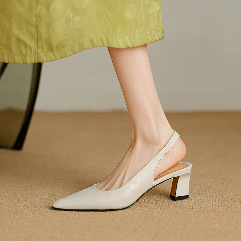 【羊皮】跟高5cm 法式简约包头凉鞋女米白色气质百搭夏季粗跟高跟鞋