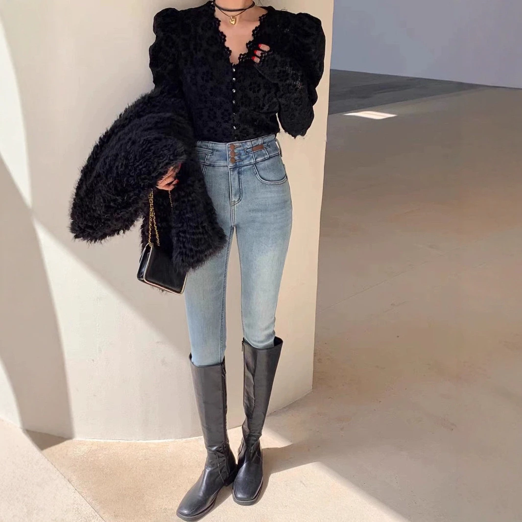 蜜柚家 冬款加绒加厚高腰浅蓝色牛仔小脚裤