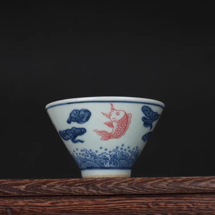 晚清民窑青花釉里红鱼纹斗笠杯茶杯 古玩古董陶瓷器仿古茶具收藏