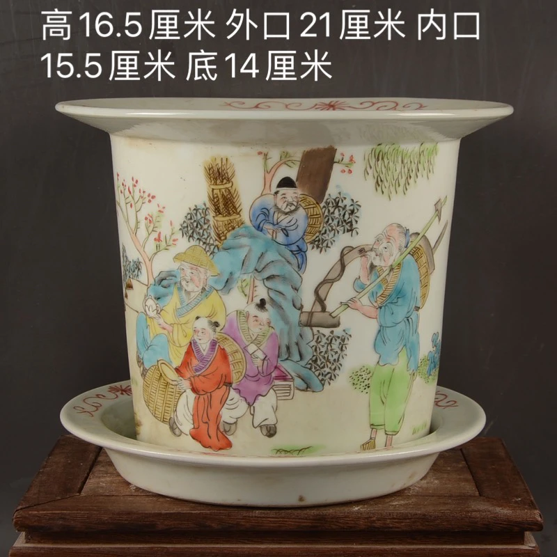 景德镇厂货瓷器手绘粉彩渔樵耕读图圆形带拖花盆花钵盆景盆精品