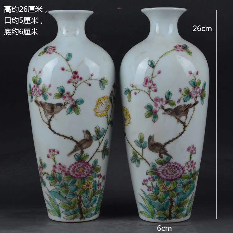 清乾隆年制手绘粉彩花鸟花瓶一对景德镇仿古老货瓷器古玩古董陶瓷