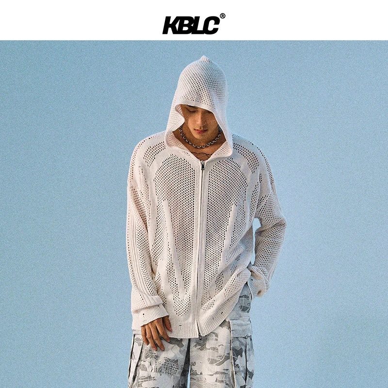 KBLC25春夏机甲解构镂空连帽复古运动拉开衫长袖针织罩衫