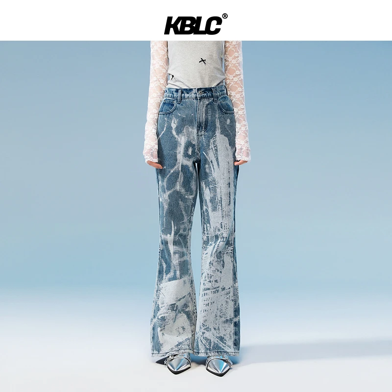 KBLC 24SS复古街景图案拔印工艺复古洗水牛仔显瘦喇叭裤扎染烧花