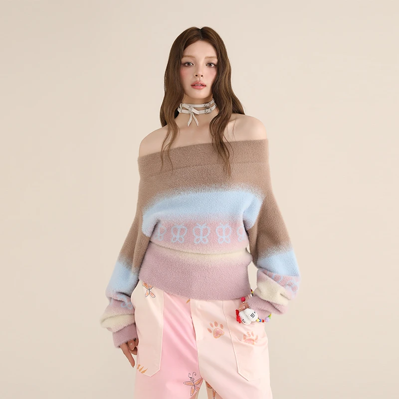 KBLC24AW秋冬露肩立领两穿仿貂毛韩系辣蝴蝶渐变毛衣百搭休闲