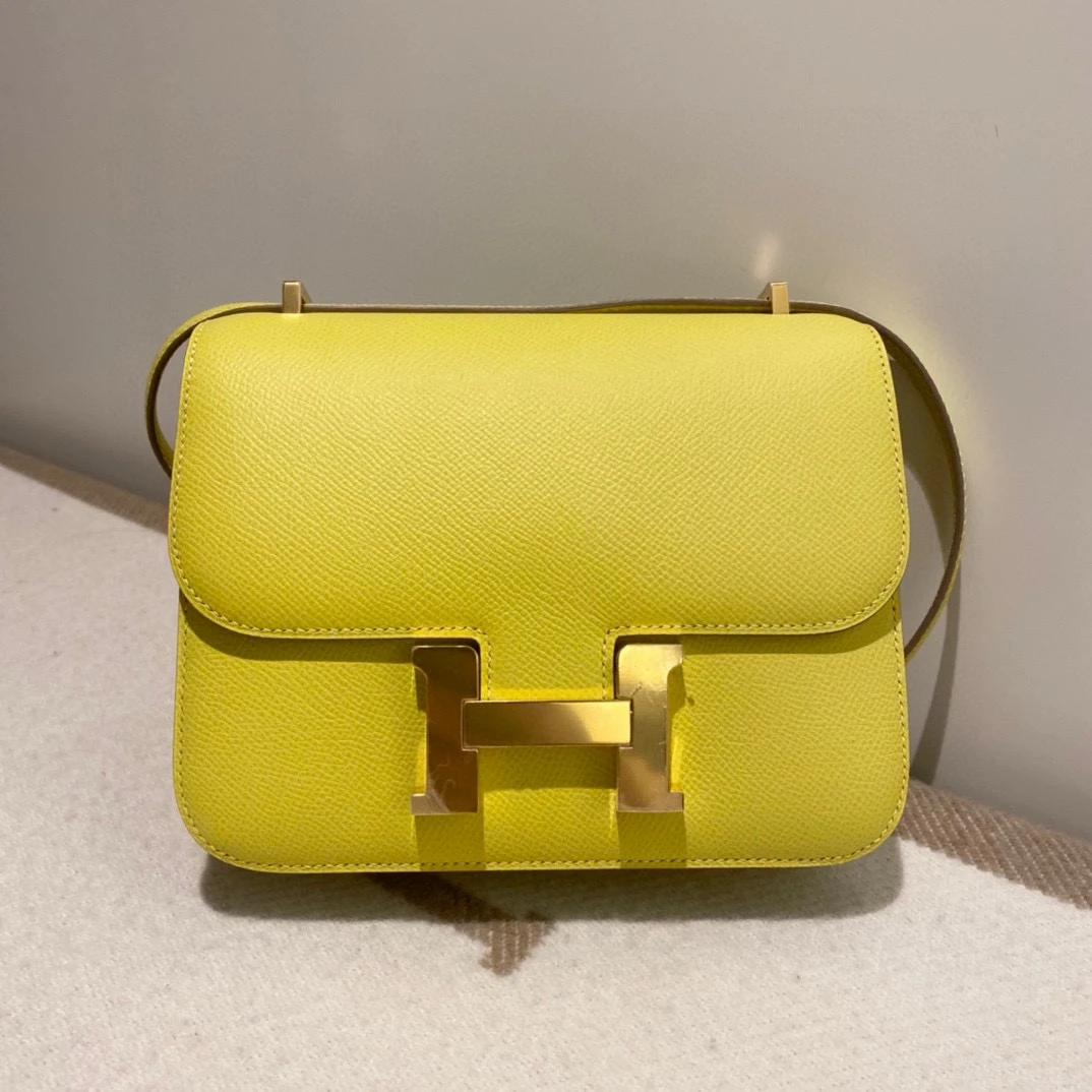 未使用 Hermes/爱马仕 康康19 柠檬黄金扣 epsom皮 D刻7z0hs