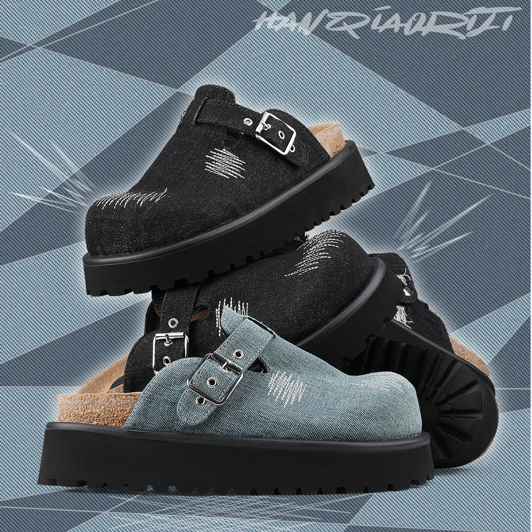 韩桥日记[破茧系列]原创牛仔布休闲包头拖鞋男厚底增高勃肯鞋女鞋