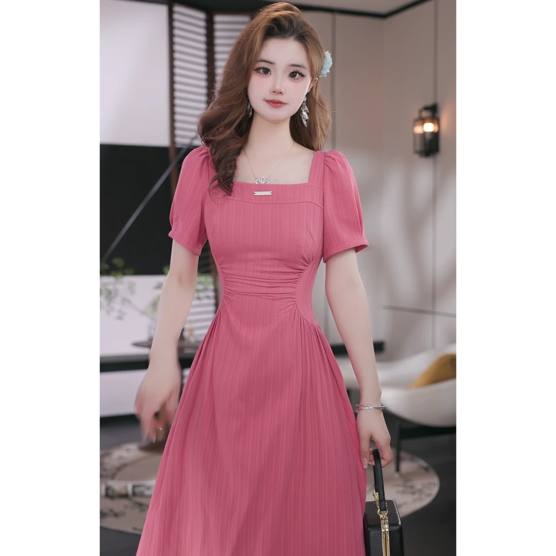 Meika - 夏季新款法式气质浪漫收腰显瘦设计感收腰显瘦方领连衣裙