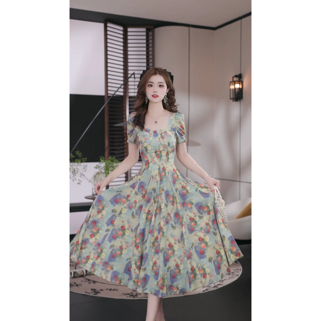 Meika-【夏月绘漫】夏季新款法式优雅气质复古收腰显瘦碎花连衣裙