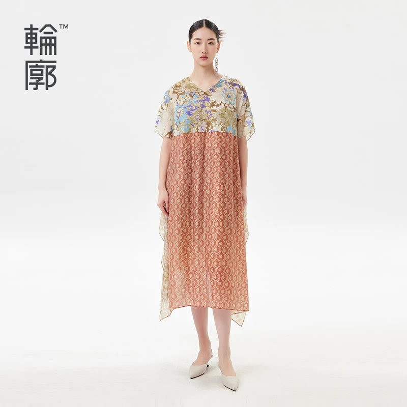 轮廓原创复古连衣裙飘片设计潮流拼接印花V领宽松长裙女L232Y041