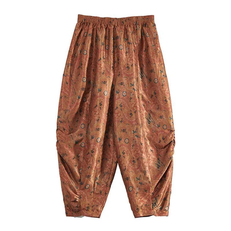 轮廓原创复古宽松阔腿裤提花中腰裤子休闲中国风印花拼接L231K003