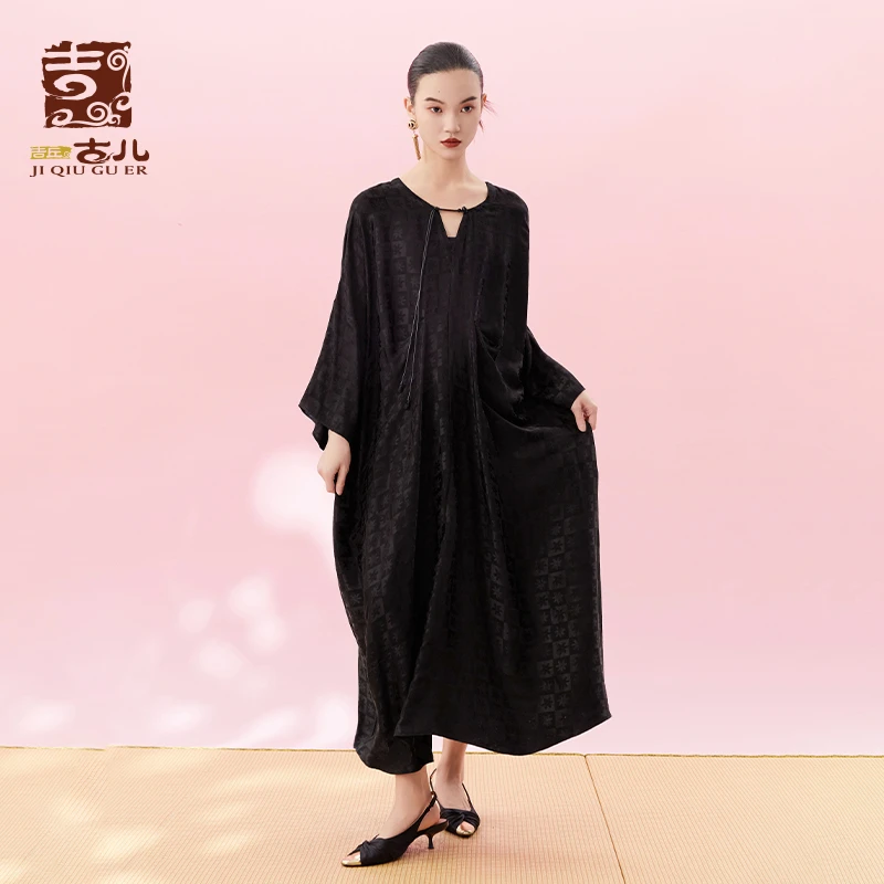 吉丘古儿方圆提花连衣裙复古中长款气质慵懒中式裙子日常G241Y056