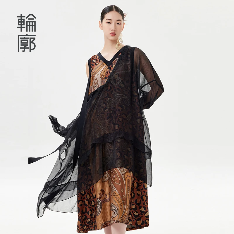 轮廓印花连衣裙宽松假两件拼接长裙原创女装上衣时尚夏季L222Y032