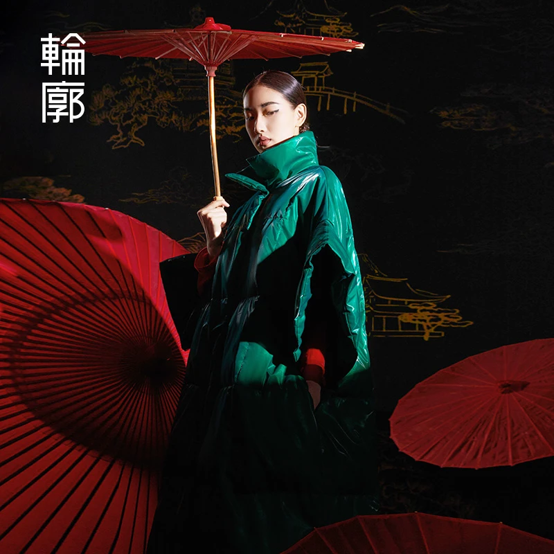 轮廓写意红绿保暖羽绒服L234Y017原创设计中长款立领花苞袖休闲