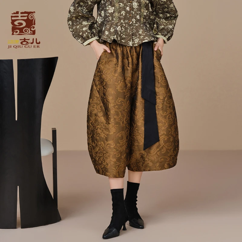 吉丘古儿漫游山野花苞裤时尚阔腿裤复古国风提花九分裤G223K010