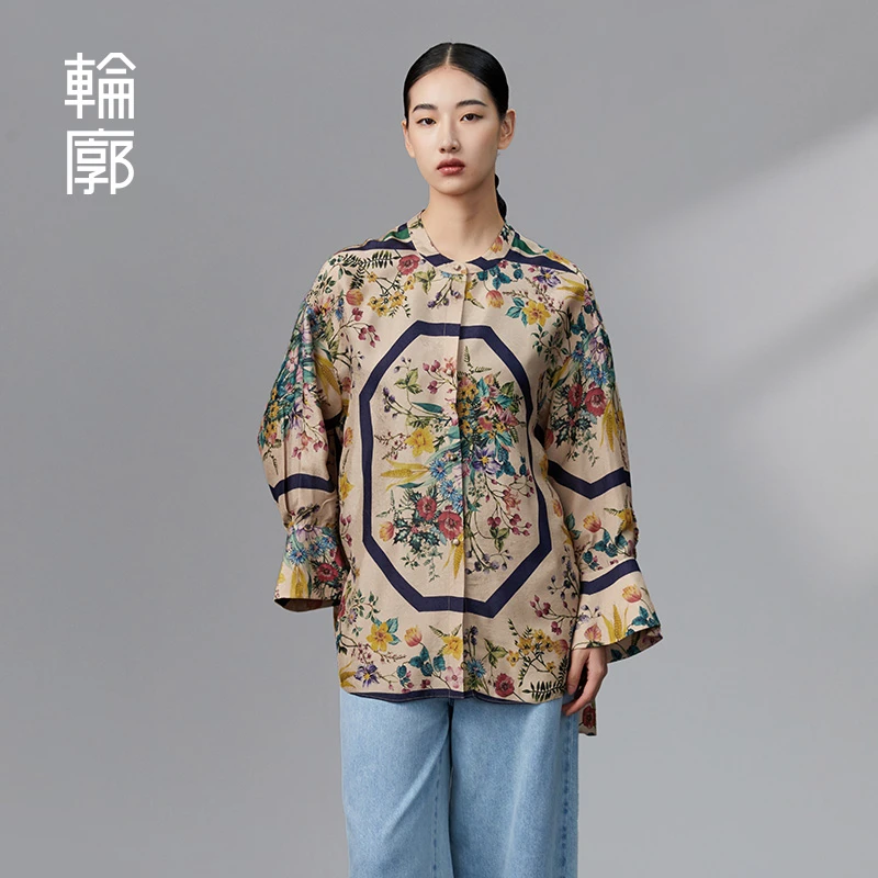 轮廓重磅花绫缎印花长袖衬衫宽松显瘦插肩衬衣复古中式L233Y018