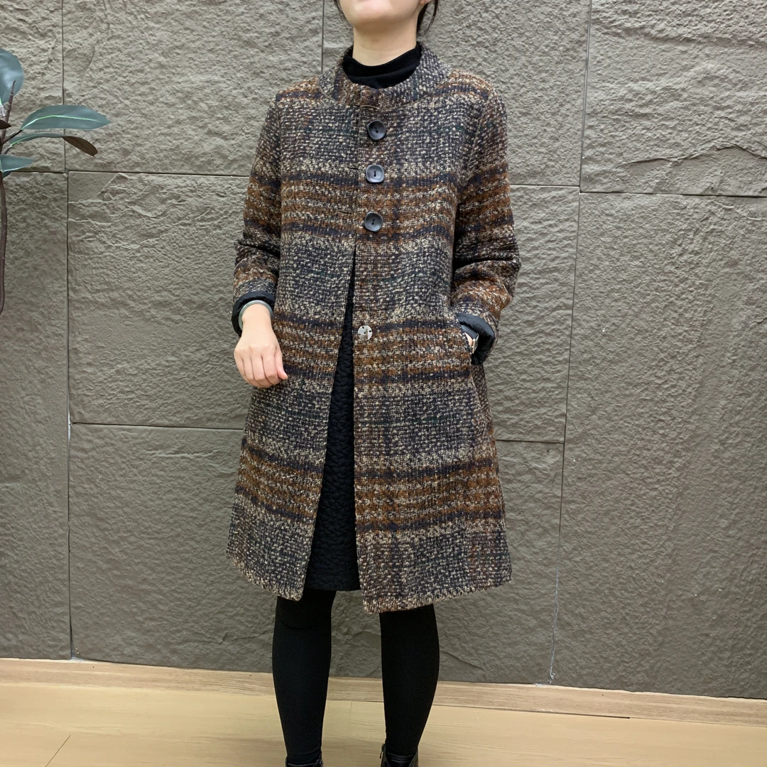 忆依9591夹棉时尚格子毛呢大衣外套
