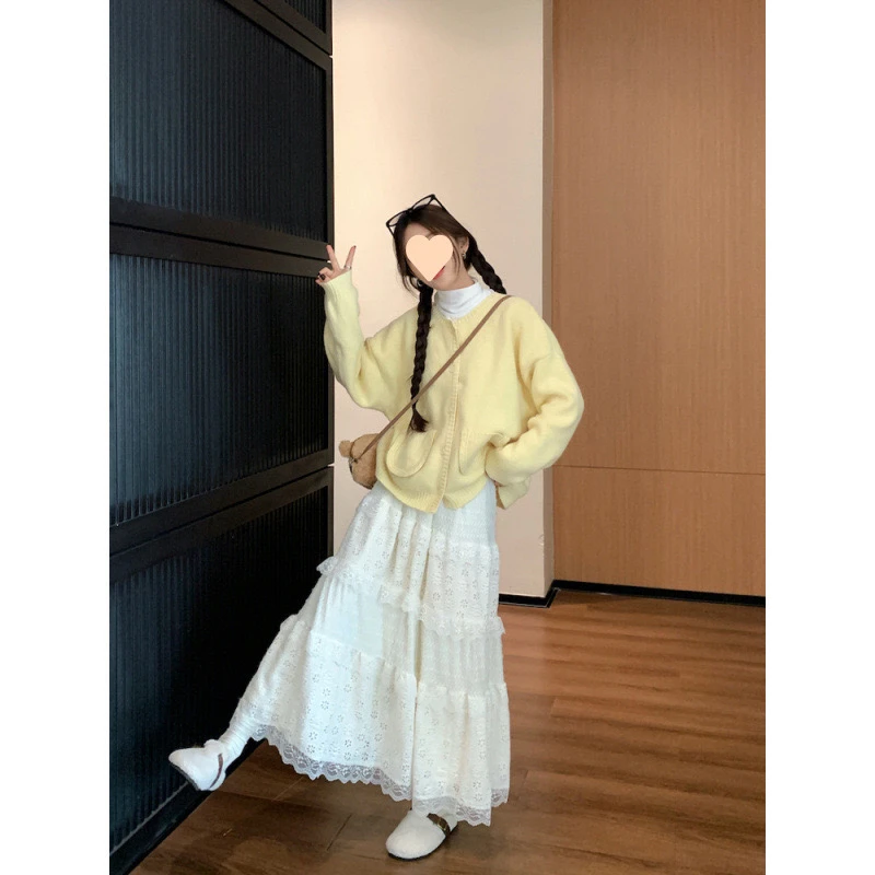 蕾丝仙仙裙 # 秋冬甜美温柔磨毛加绒蕾丝拼接半身裙