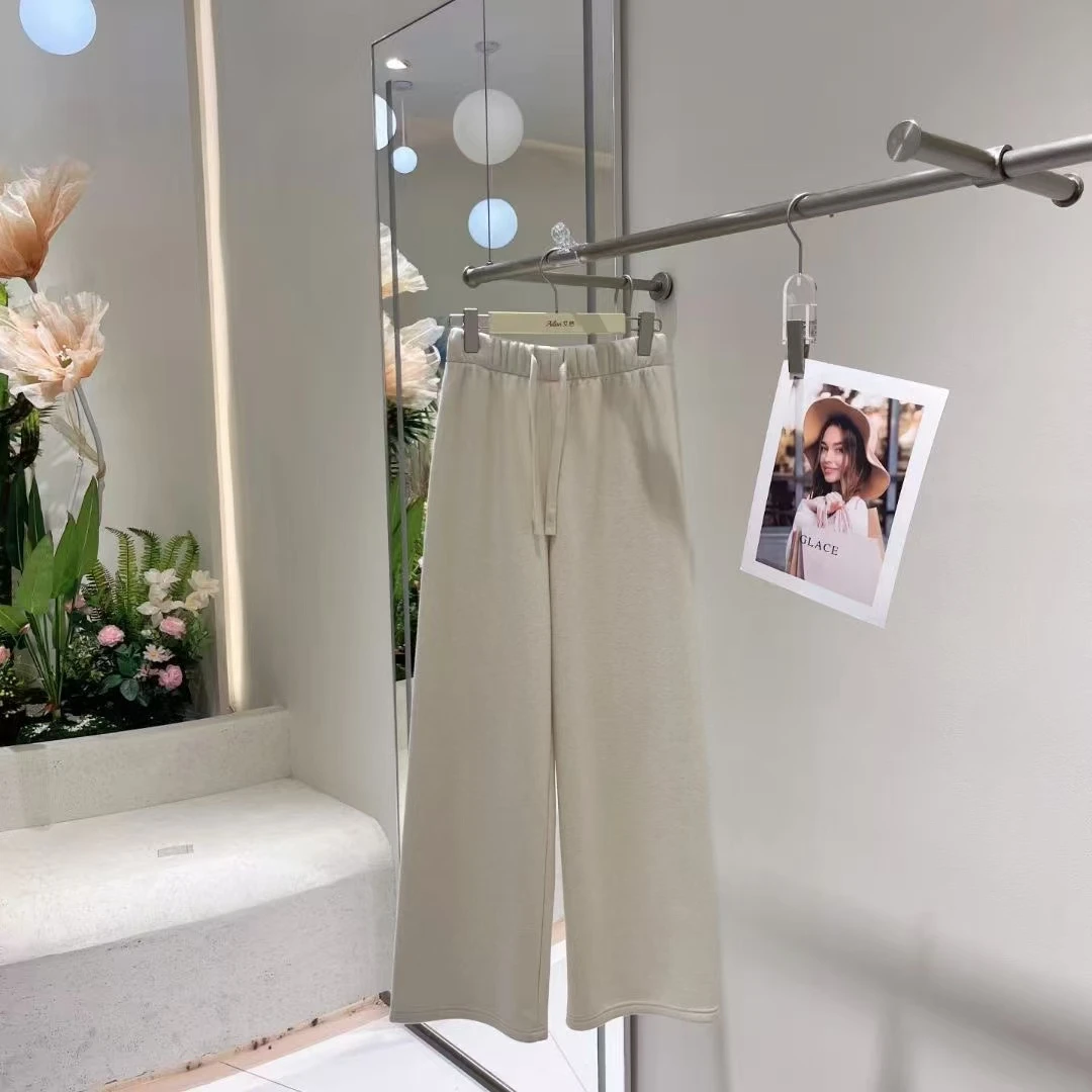 艾然  2024秋冬新款显瘦直筒长裤抽绳松紧腰针织毛巾休闲裤