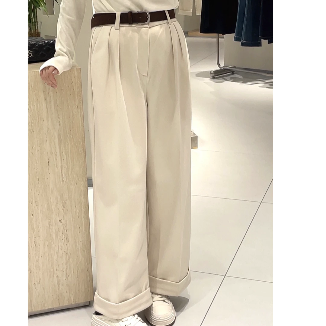 艾然 垂感毛呢秋冬加绒小个子窄版直筒宽松阔腿裤