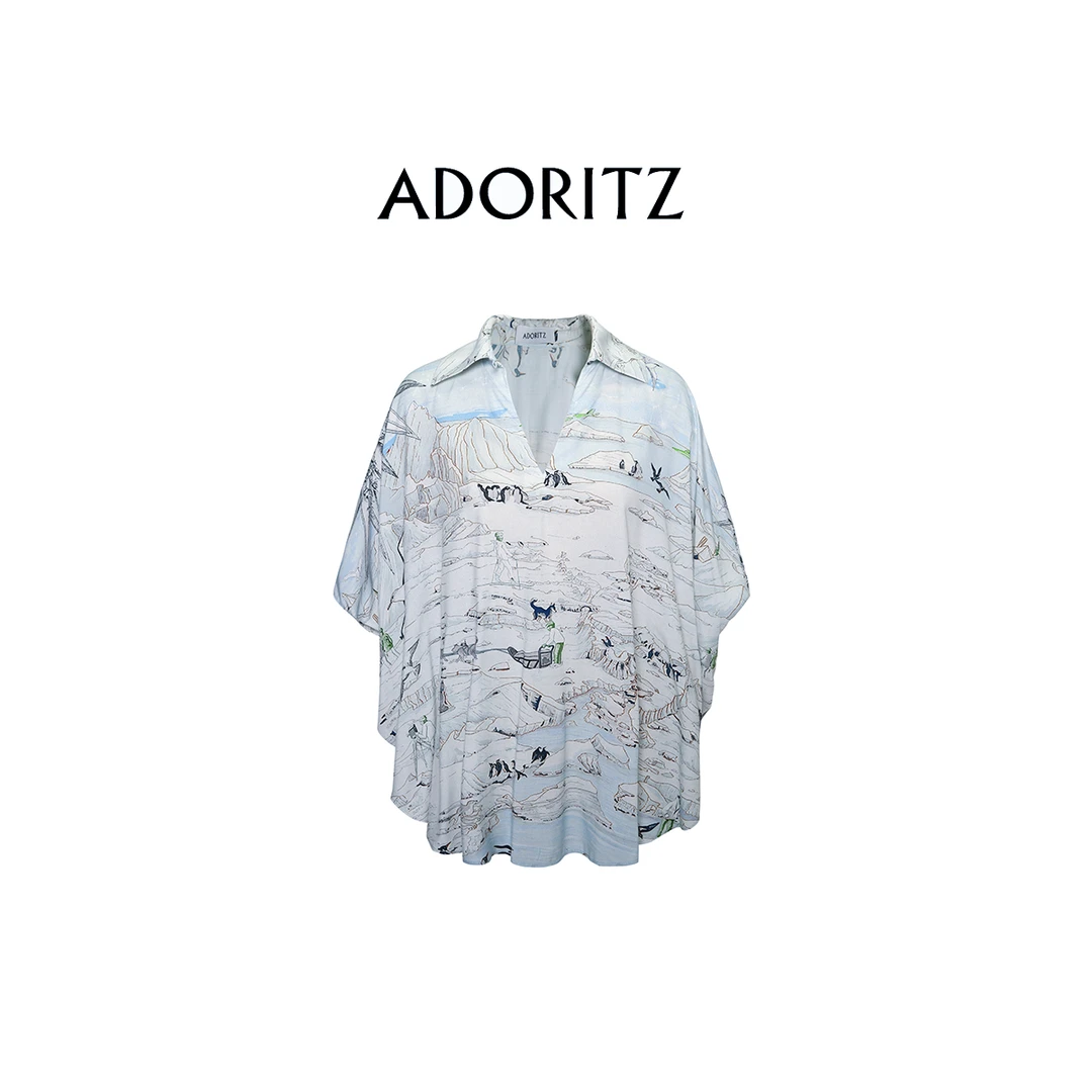 阿朵丽兹 南极冰川探险印花V领宽松日常百搭衬衫 3折