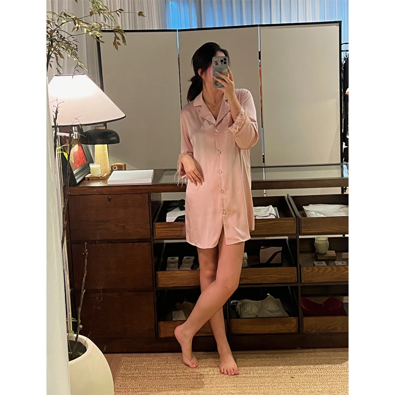 贵气高级女士可外穿家居服奢华水晶缎睡裙女款羽毛派对衬衫裙睡衣