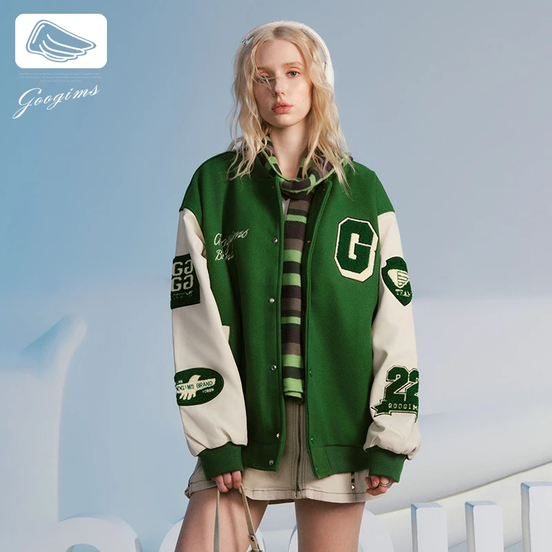 韩国Googims美式棒球服夹克刺绣拼色字母男女同款休闲夹克外套