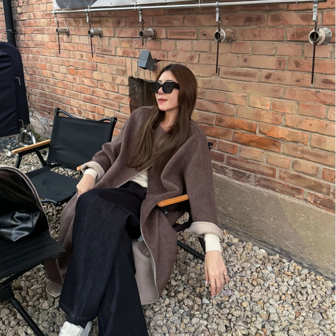 冬季韩版双面羊毛过膝长款外套潮流宽松休闲女款外套大衣