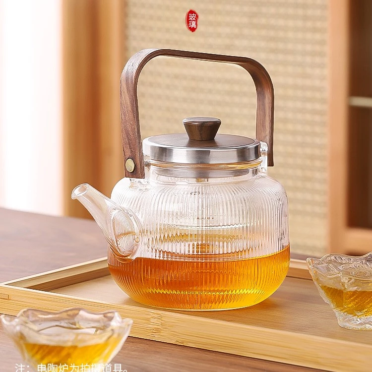 豪峰玻璃条纹茶壶单壶功夫泡茶花壶煮茶壶家用耐高温壶