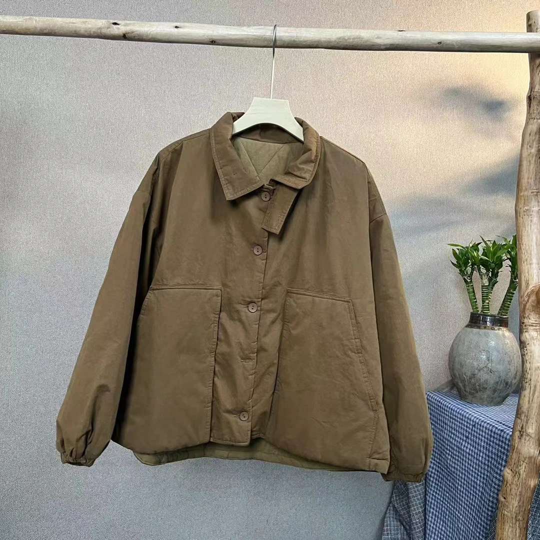 【隐叙原创】YX0452秋冬新款简约纯色休闲百搭立领系扣棉衣外套