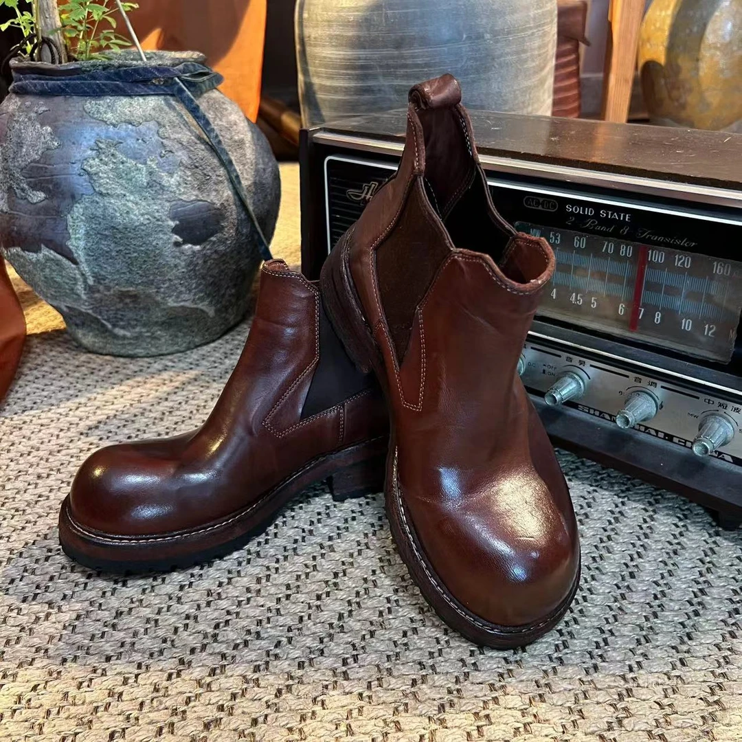 【隐叙原创】YX0428秋季新款水洗马皮切尔西靴子复古单鞋偏大半码