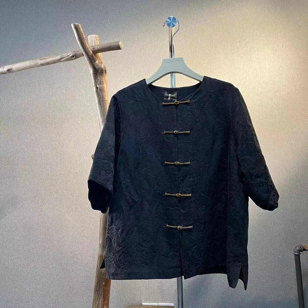 【隐叙原创】YX9028新款国风简约复古盘扣装饰真丝上衣