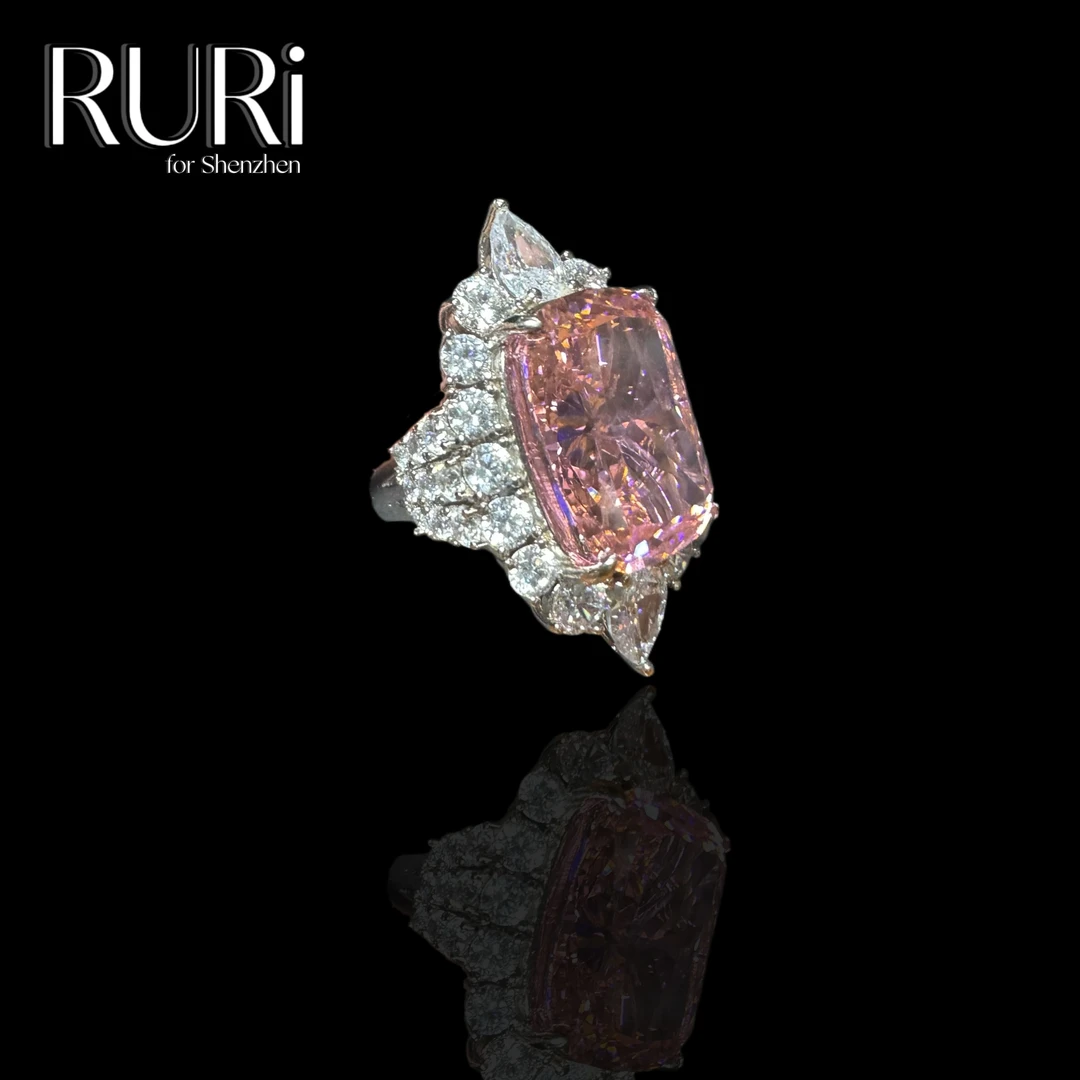 925银合成锆石戒指 RURI 时尚重工椭圆厚托镶嵌粉石银戒指 A1250