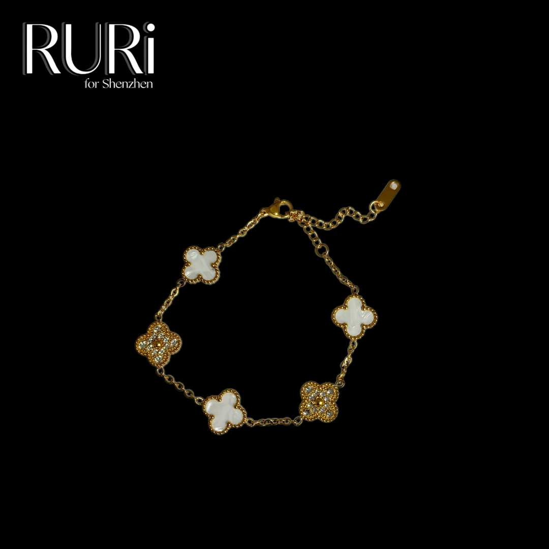 铜合金合成锆石手链 简约时尚百搭白色贝贝四叶手链187