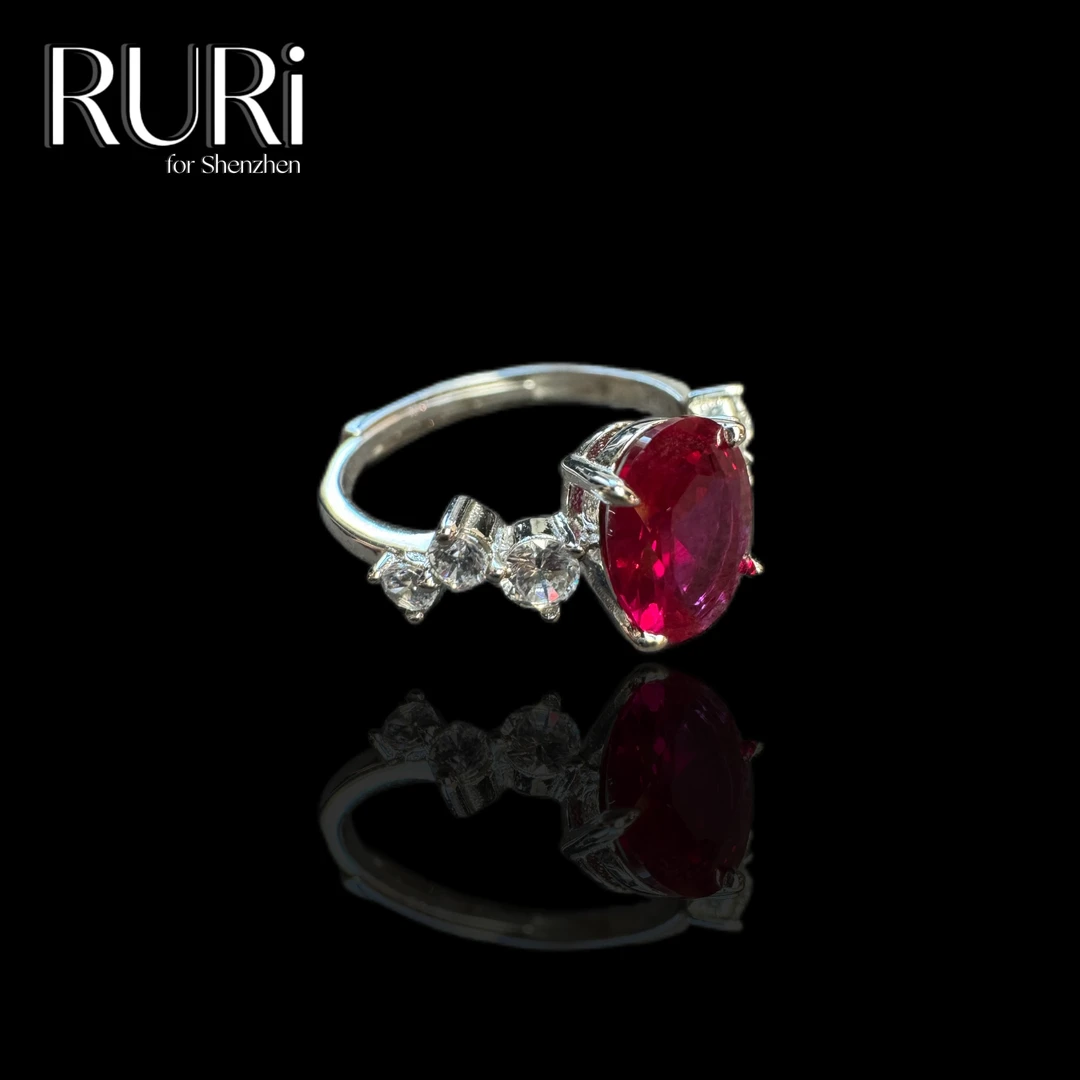 925银合成锆石戒指 新款 简约时尚百搭椭圆镶嵌红石戒指 E0009