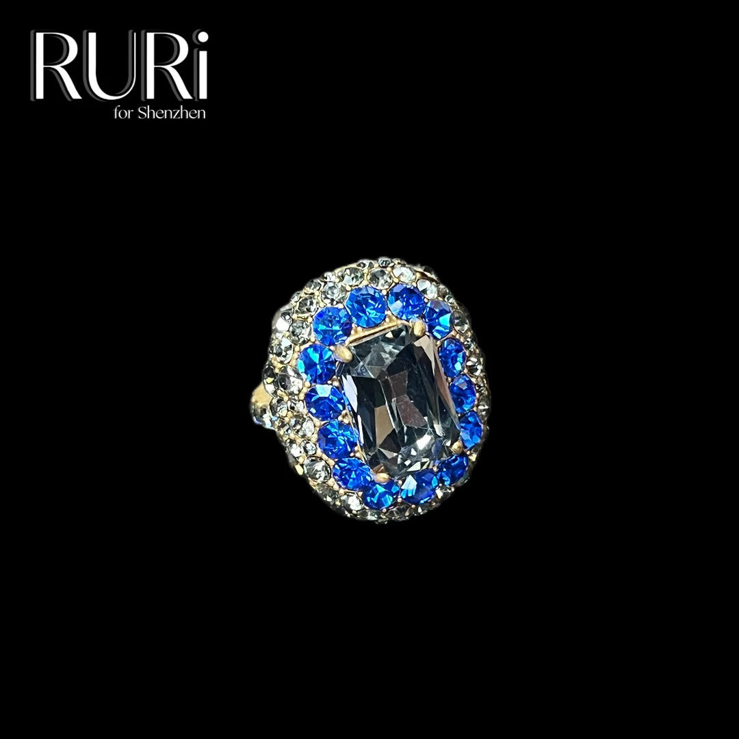 铜合金合成锆石戒指 【J 系列】时尚简约设计师蓝白相间满镶戒指 A2