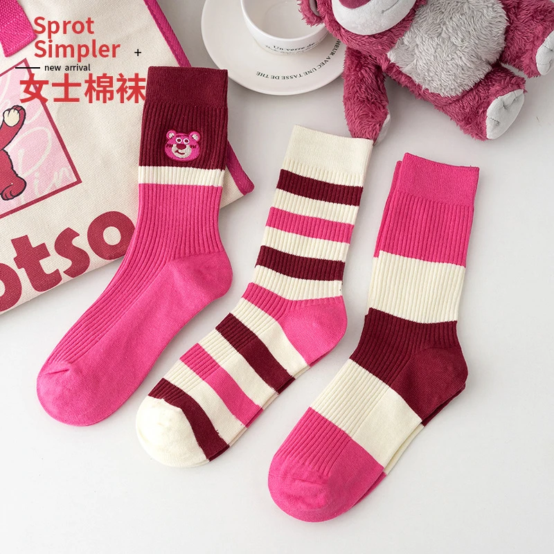 草莓熊袜子女秋冬玫粉色精梳棉中筒袜ins双针刺绣韩版潮流堆堆袜